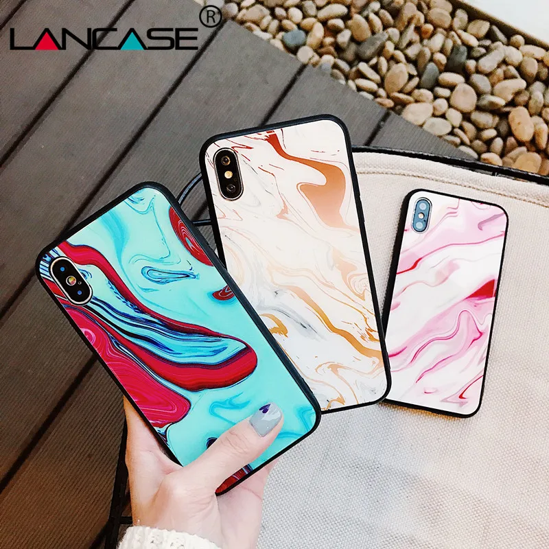 LANCASE Glass Back Cover For iPhone 8 Case Marble Art