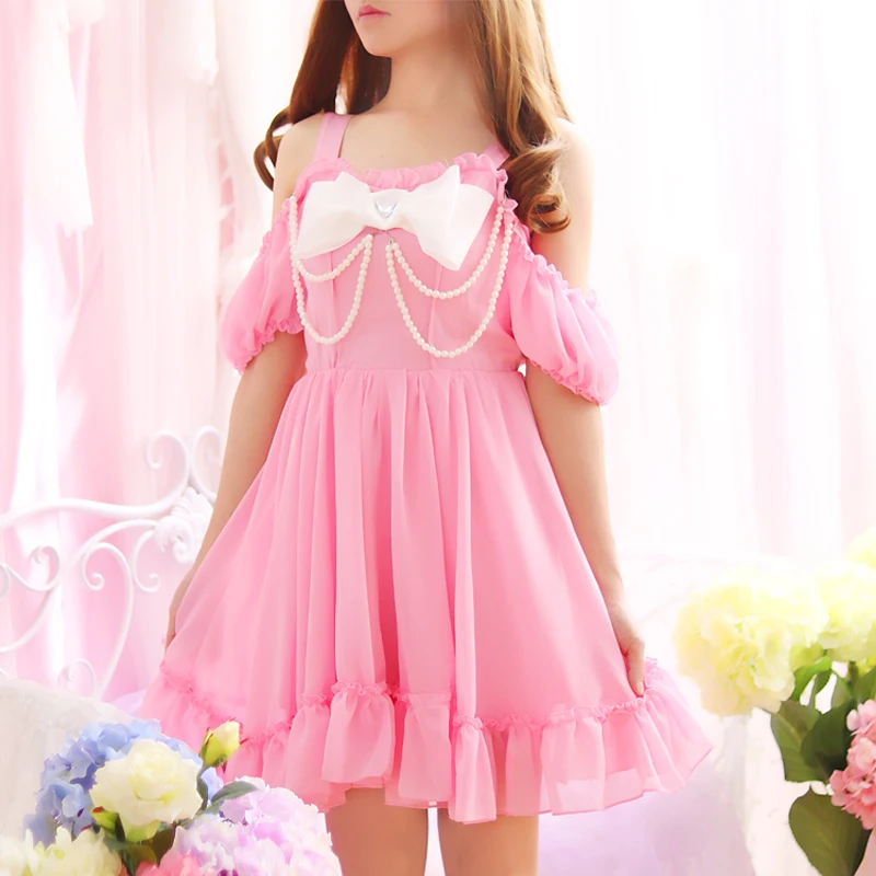 Pearl Beading Off shoulder Cute Bowknot Straps Women Summer Sweet Mini Dresses Lolita Girl Japan