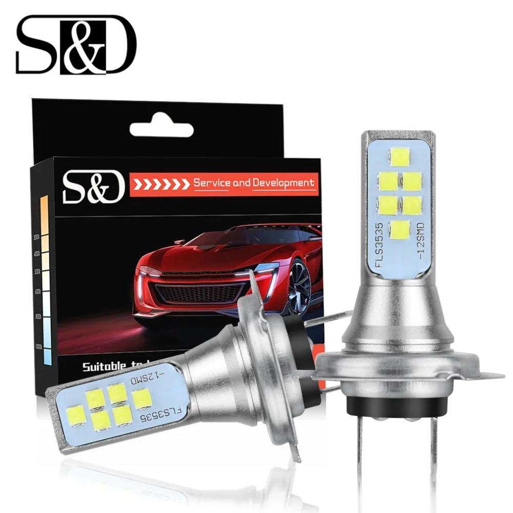 

2pcs H7 LED Car Fog Lamp Super Bright 12 Chips 3535 SMD LED Bulbs 1400LM White 6000K Auto Driving Day Running Light DC 12V 24V