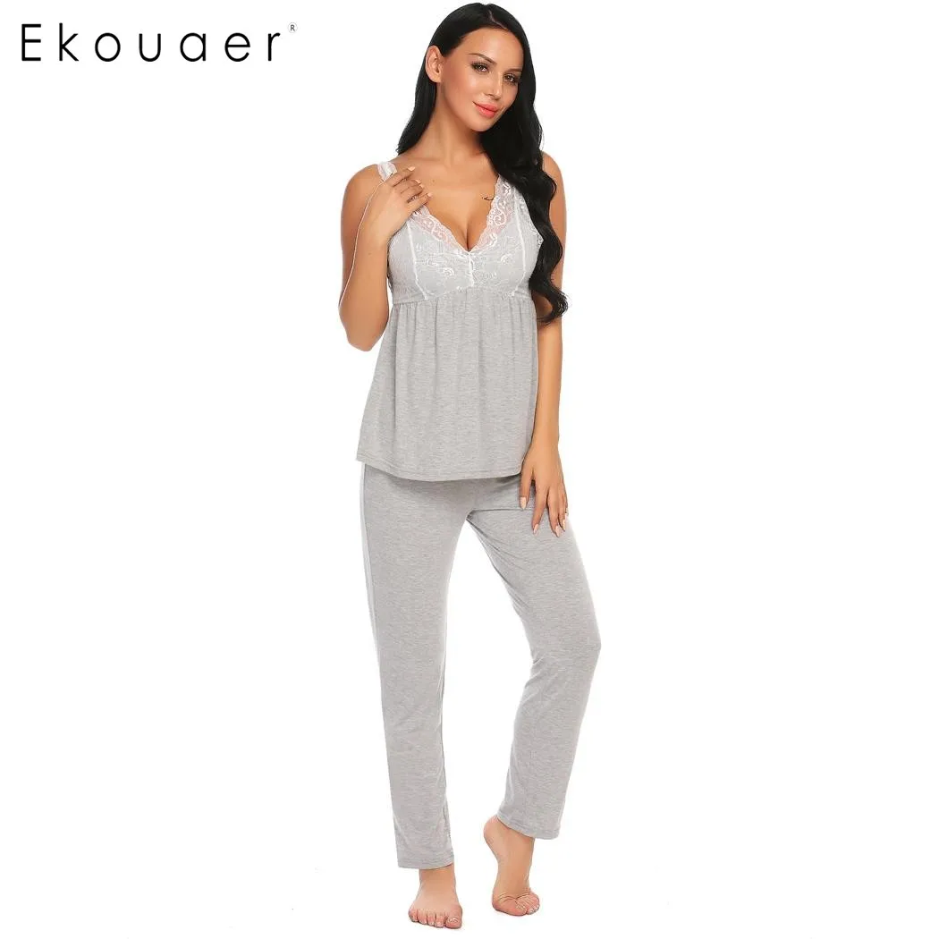 Ekouaer Women Casual Pajamas Set Sleepwear Sleeveless Lace Cami Top and