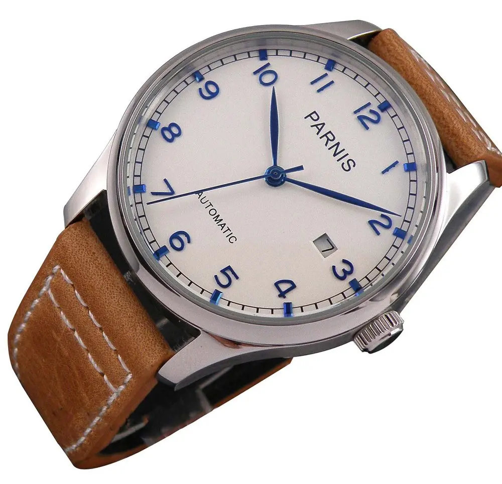 43mm Parnis White Dial Blue Hands Blue Number Automatic Mens Womens
