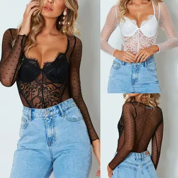 

Womens Bodysuit Lace V-Neck Long Sleeve Solid Color Dot See Though Mesh Bodysuit Summer Sexy Perspective Bodysuit For Women 2019