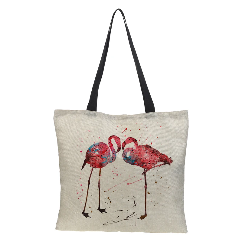 Двухсторонняя сумка с рисунком Фламинго женская большая льняной мешок для покупок женская сумка через плечо тканевая сумка дорожная сумка
