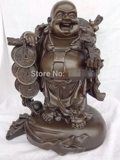 

0 17" China Pure Bronze Fu Coin Happy Laughing Maitreya Buddha Statue On Money Bag