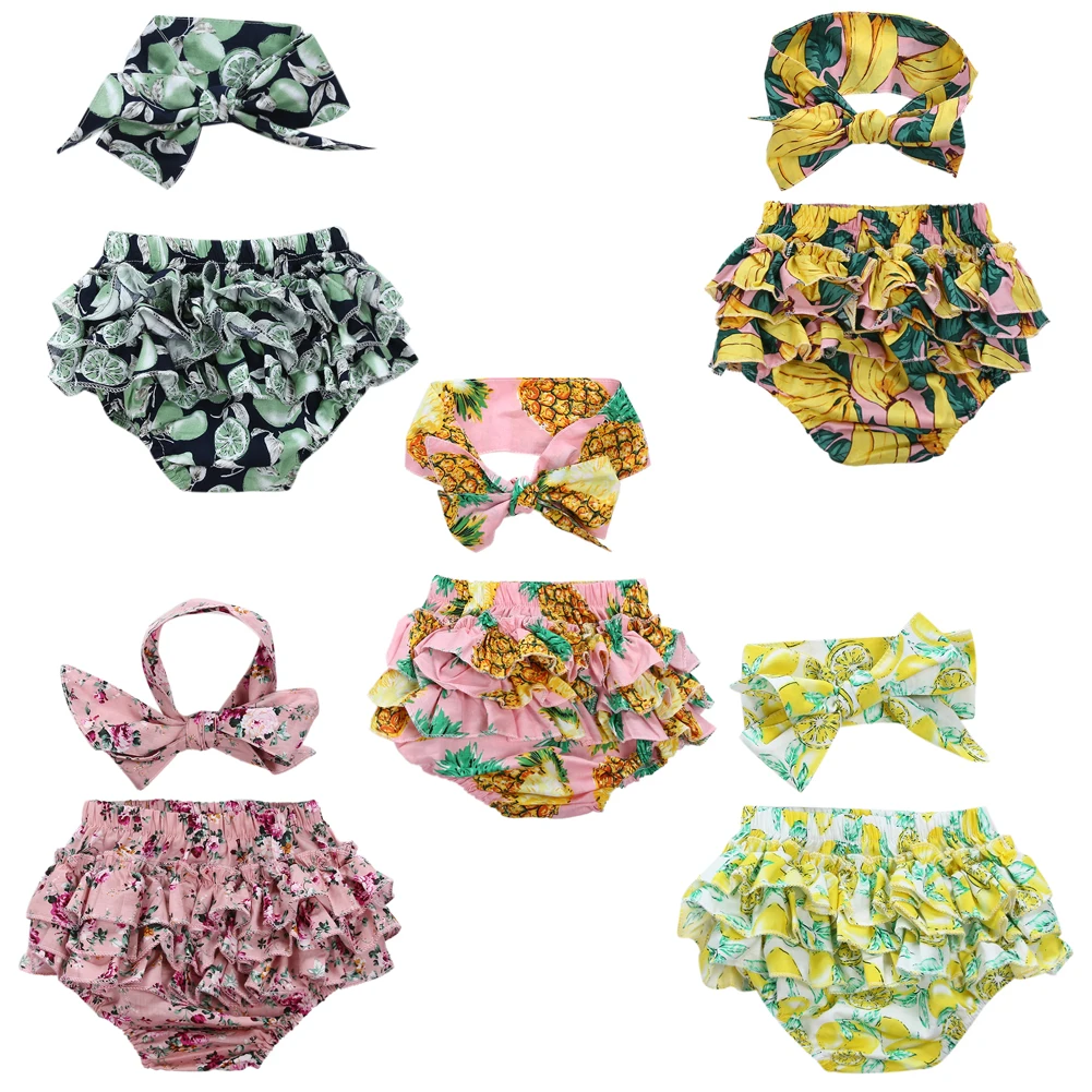 Милые трусики с цветочным узором и рюшами для маленьких девочек+ Бант-ободок с бантом, Лето, пляжные купальники, короткие штаны, комплект одежды