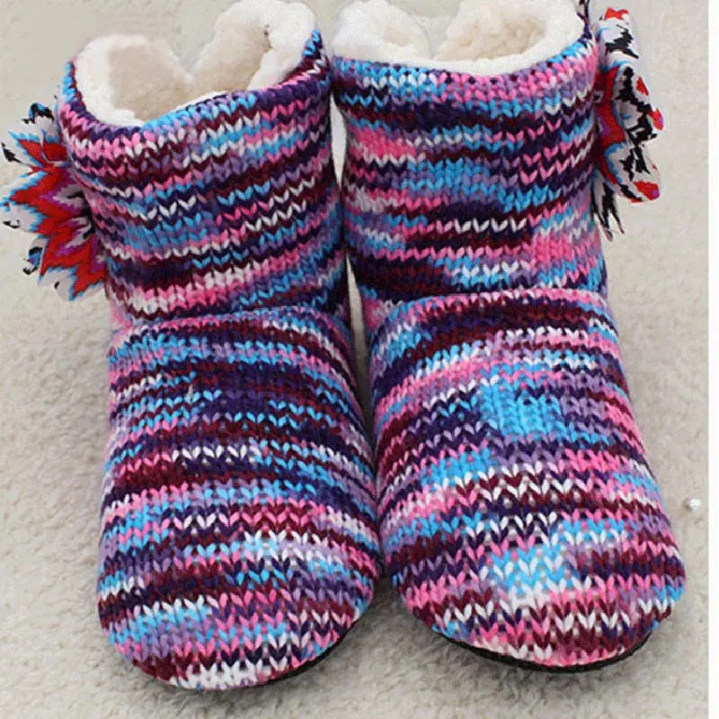 Разноцветные женские домашние ботинки из трикотажной ткани с плюшевой подкладкой; зимние теплые ботинки с мягкой подошвой; AWH007 - Цвет: Purple