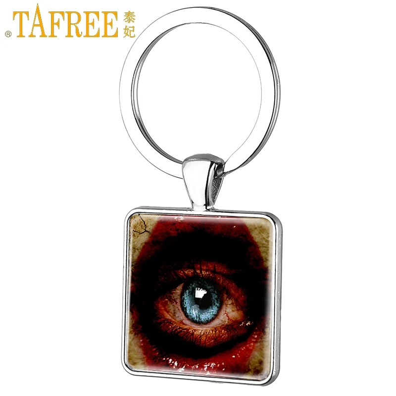 

TAFREE Fashion Square Keychain Horror Bloody Evil Eye Personality Key Ring Trendy Key Chain Glass Cabochon Men Jewelry FQ590