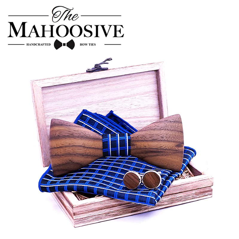  3D Men Wooden Bow Tie Set BowTie and Handkerchiefs Cufflinks Necktie For Business Wedding Party Hom