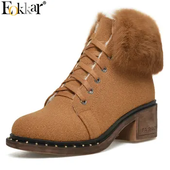 

Eokkar 2020 Cow Suede Women Ankle Boots Lace Up Round Toe All Match Winter Warm Boots Square High Heel Ladies Boots Size 34-43