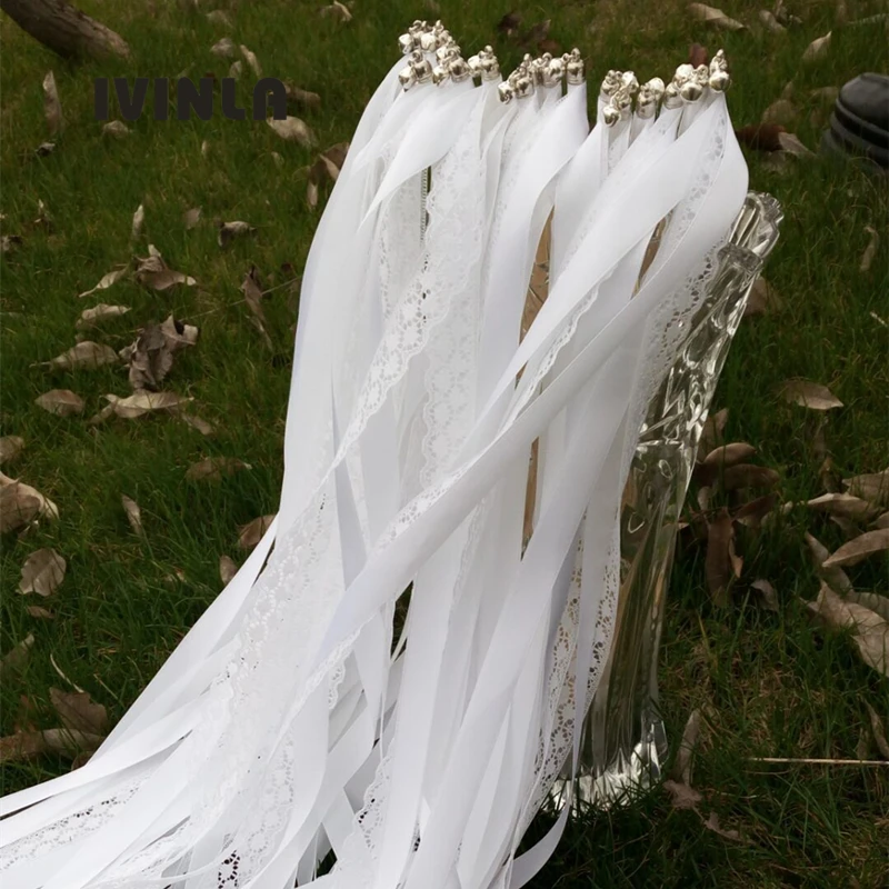 Новинка 50 шт/партия белая кружевная Свадебная лента палочки с Серебряные Колокольчики для свадебного украшения