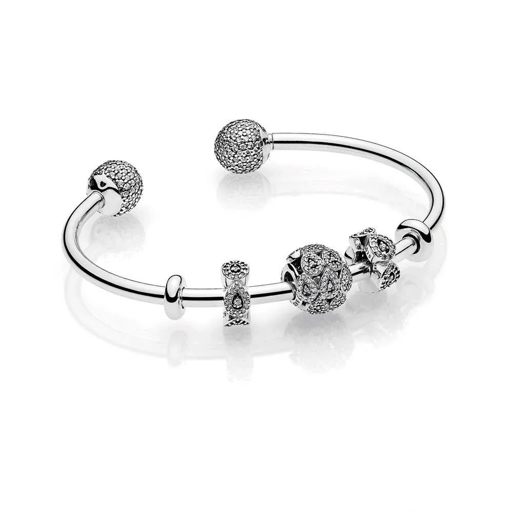 

100% 925 Sterling Silver Cascading Glamour Open Bangle Gift Set Clear CZ Fit DIY Original Charm Bracelet Jewelry A Of Prices