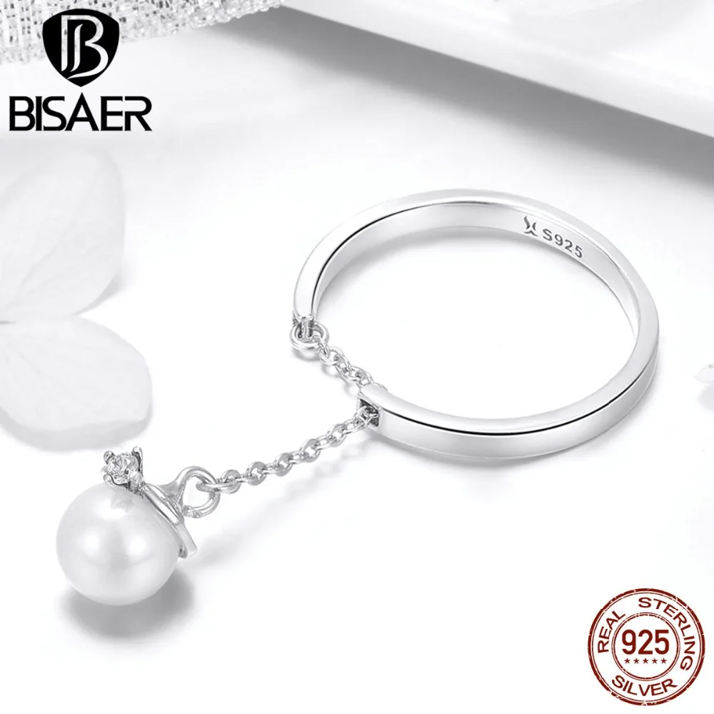 BISAER 100% 925 Sterling Silver Freshwater Pearl Wedding Finger Rings for Women Clear CZ Wedding Ring Silver Jewelry ECR459