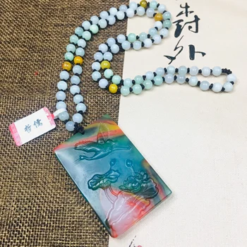 

Zheru Jewelry Pure Natural Colorful Jade Carved Two-tone Crane Pendant Three-color Jadeite Bead Necklace Send Class A Certificat