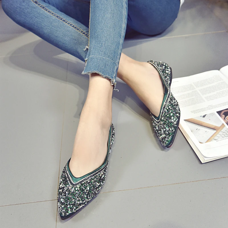

Allwesome Woman Flats Shoes Rhinestone Autumn Spring New Female Luxury Crystal Casual Shoes Pointed Toe Comfortable Flats