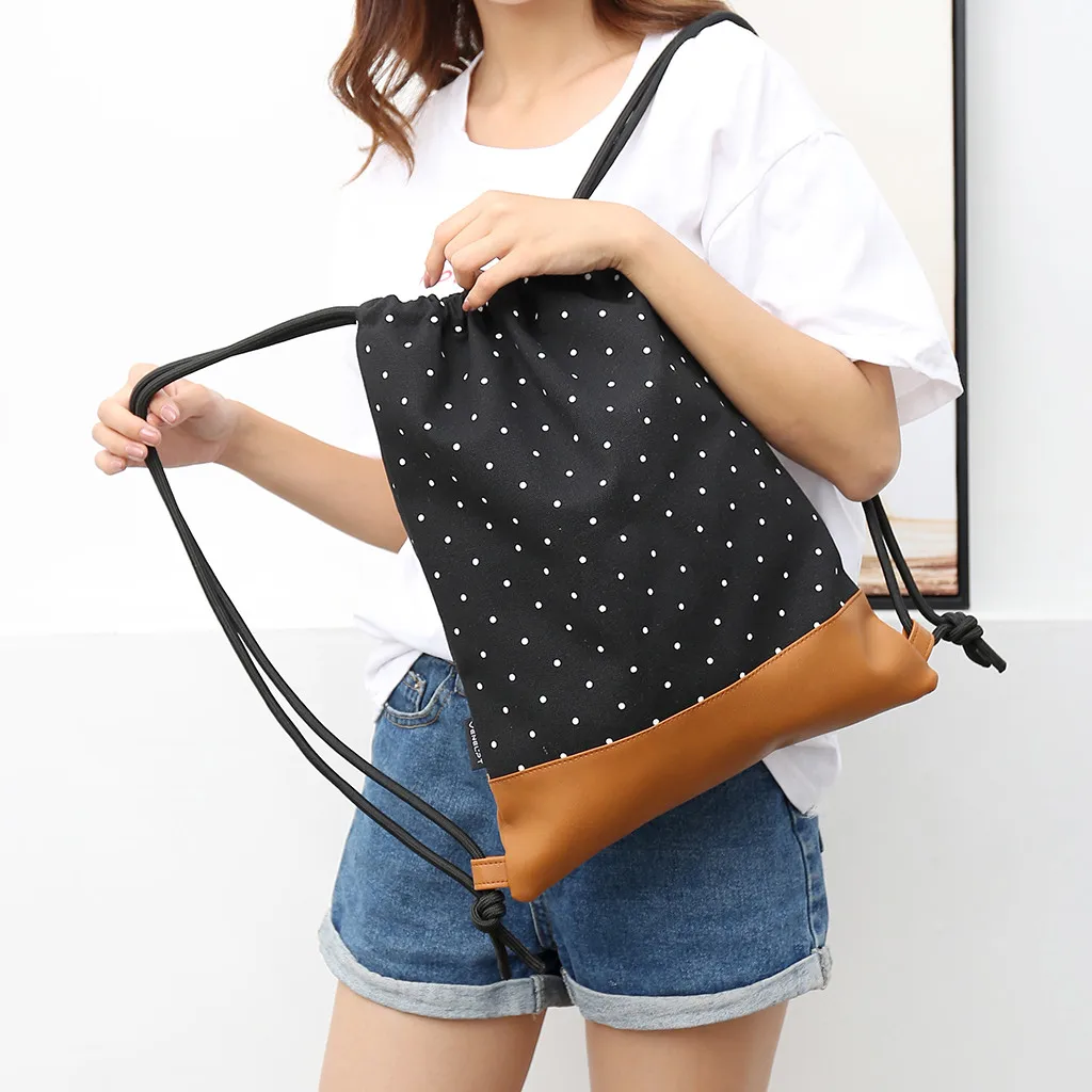 

Fashion Casual Lightweight Nylon Foldable Backpack Unisex Polka Dot Bundle Rope Travel Sport Backpack patchwork School Bags