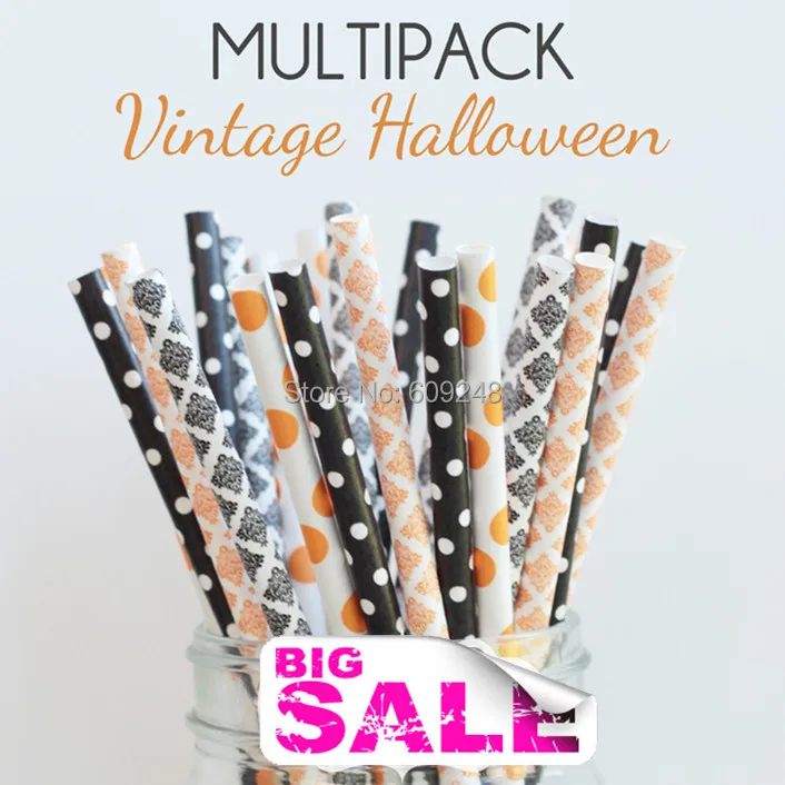 100pcs Mixed Colors VINTAGE HALLOWEEN Party Paper Straws Black and Orange Damask Polka Dot Tiny Swiss Mason Jar Mugs Bulk | Дом и сад