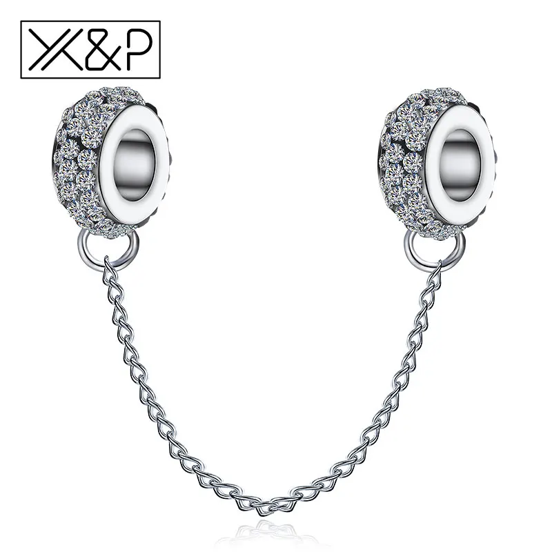 

X&P 100% 925 Sterling Silver Pave Inspiration Safety Chain Clear Stopper Charms fit Charm Women Girl Bracelet Jewelry