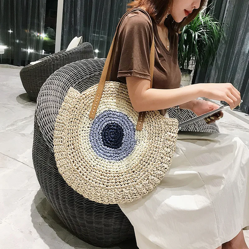 Корейский стиль, женская круглая роскошная сумка, летняя пляжная плетеная Сумка из ротанга, большая ручная работа, вязаная соломенная сумка, основная Женская сумка-мессенджер