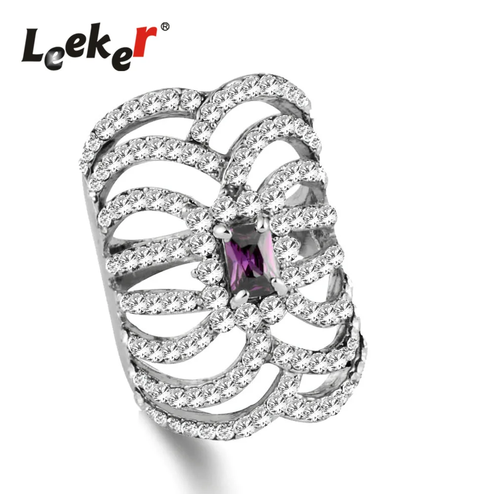 

LEEKER Luxury Purple/Red/Blue Square Cubic Zircon Hollow Long Finger Rings For Women Wedding Anniversary Jewelry 93007 LK8