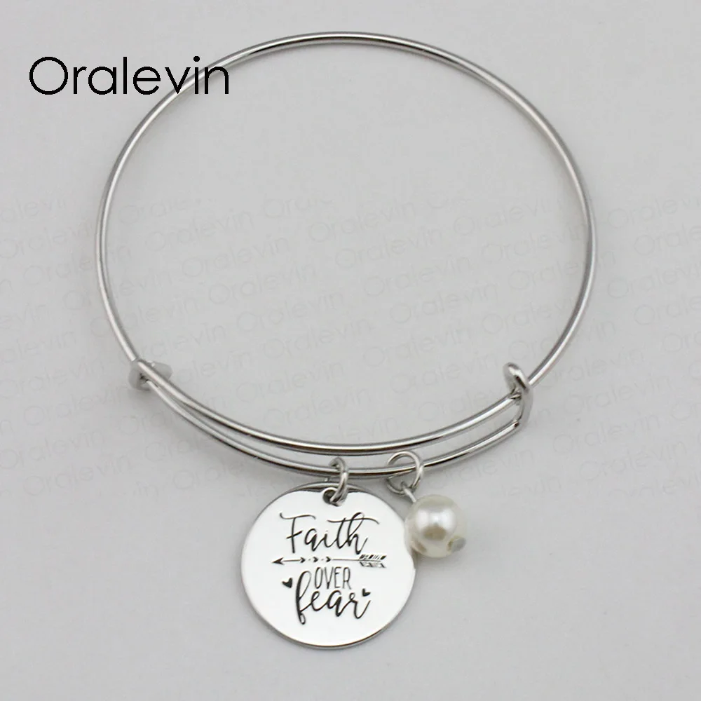 

FAITH OVER FEAR Inspirational Hand Stamped Engraved Custom Pendant Expandable Wire Bangle Bracelet Jewelry, #LN2241B