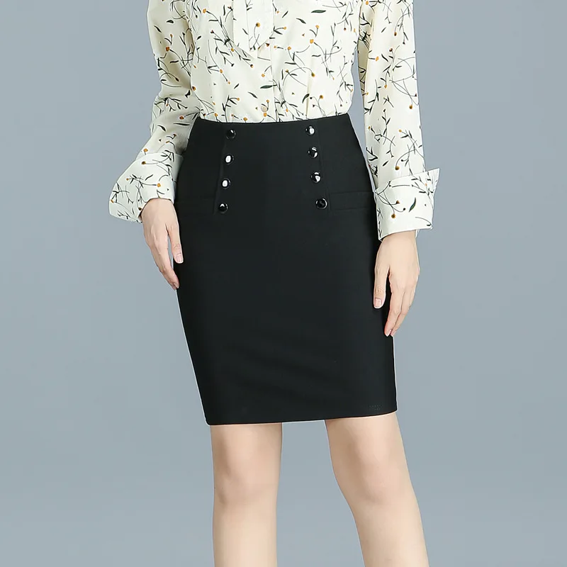 

2019 Spring Women Office Package Hip Skirt Korean Slim Buttons Solid Color Elastic Pencil Skirt Plus Size Black Mini Skirt