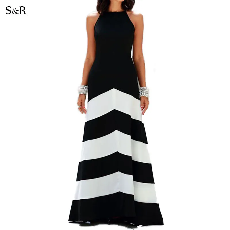 

New 2015 Women Fashion Summer Maxi Dress European Style Long Dresses Stripe Vestidos feminino Zipper Halter Sexy Party Dress