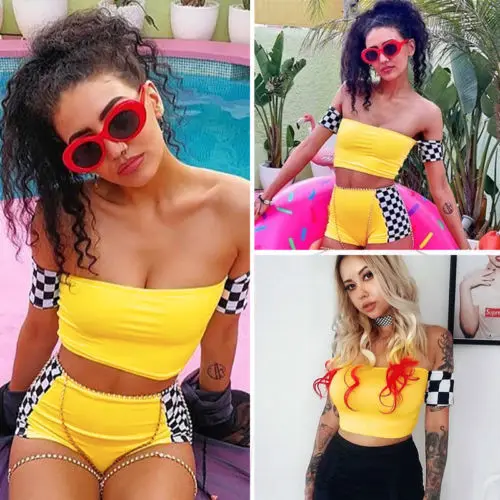 Womens plaid Frill Bandage Crop Tops Off Shoulder Ribbed Long Sleeve Jumper Top boob tube top crop top for women