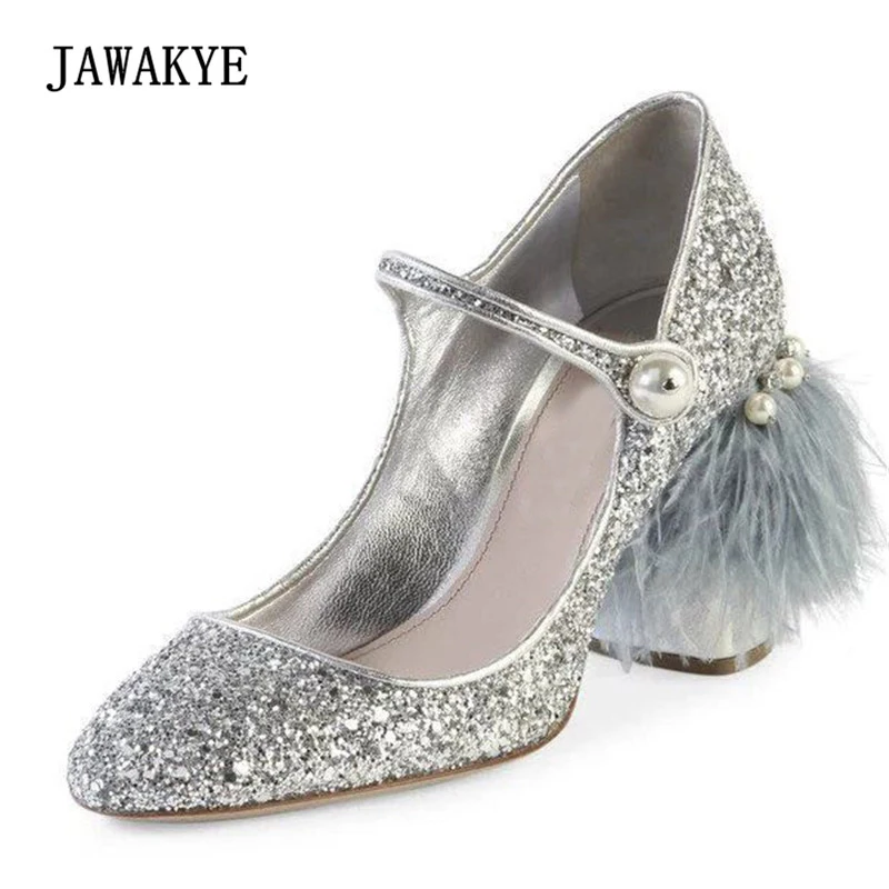 

Spring New Arrival Sequins Feather High Heel Shoes Woman Round Toe Pearl Rhinestone Heel Pumps Women Fashion Party Shoes