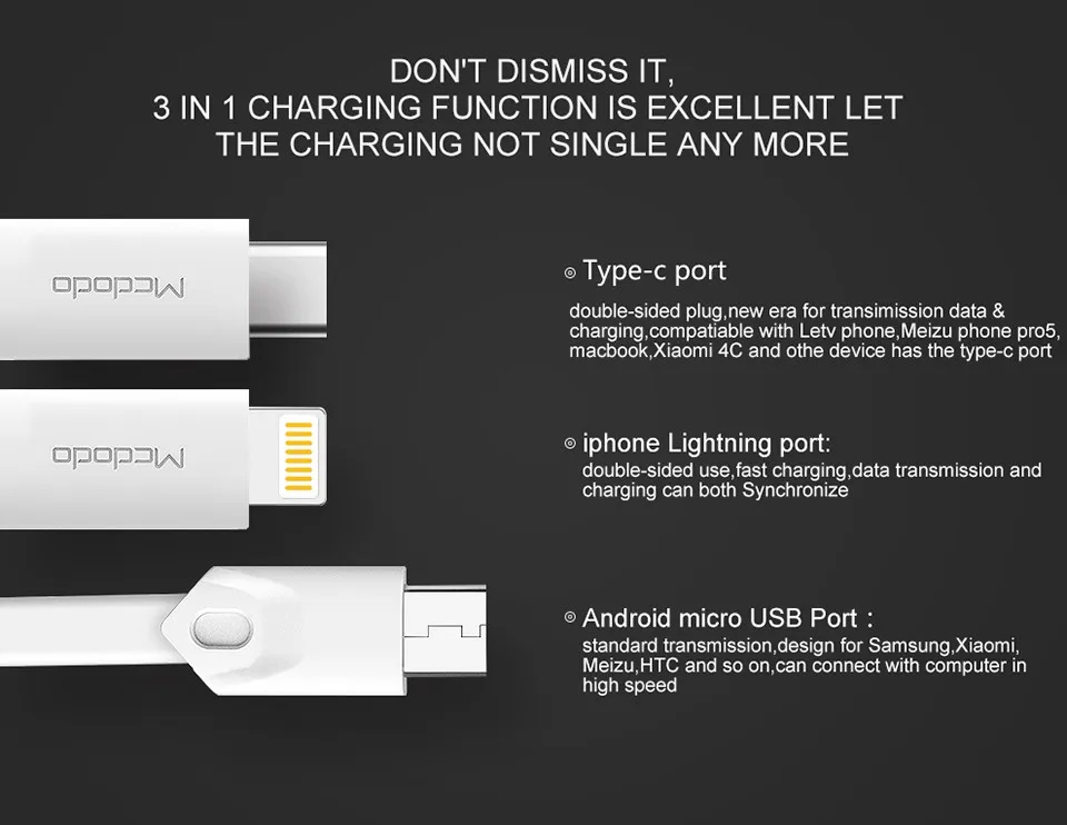 Mcdodo 3 в 1 Lightning-USB кабель для iPhone x xs 8 Micro USB кабель для быстрой зарядки usb type c для samsung Xiaomi зарядный кабель