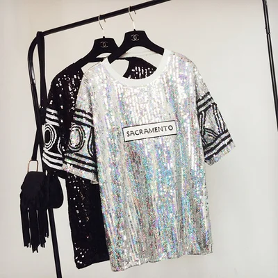Большая длинная футболка с круглым вырезом и блестками в стиле хип-хоп; длинная футболка с надписью; сверкающие футболки с открытой спиной; блестящее платье; Верхняя одежда; уличная одежда - Цвет: Silver