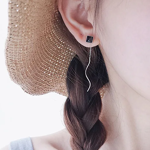 black square wave ear line 100% 925 Sterling silver Jewelry fashion Hypoallergenic dangle earrings for women gift