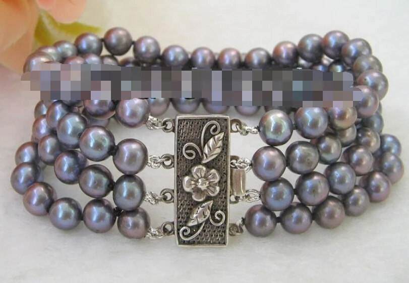 

FREE SHIPPING>>>@@ 0743 4row black round freshwater pearl bracelet