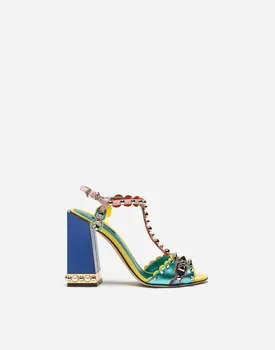 

pearls chunky high heel woman colorful leather T strap sandals spike woman chunky high heel sandal blue green colors