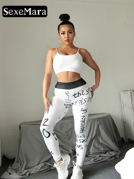 

SexeMara Letter Print Leggings Women Slim Fitness Leggings High Waist Elastic Workout Leggings