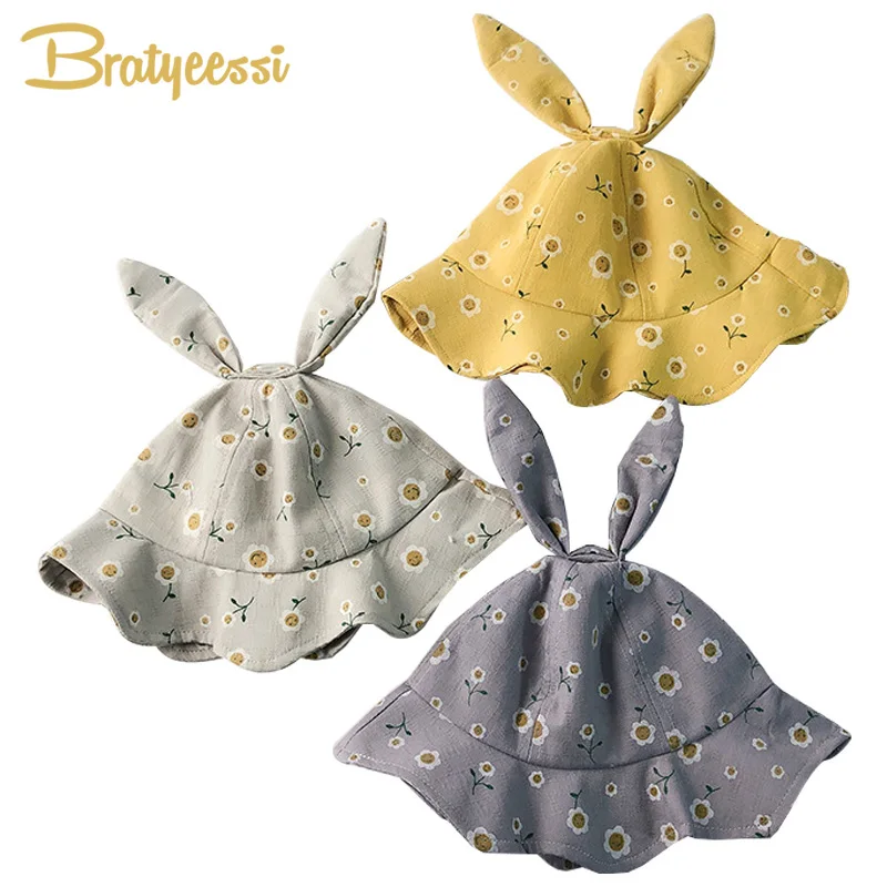 

Bunny Ears Baby Hat for Girls Floral Print Summer Baby Cap for Boys Cotton Children Panama Caps Kids Bucket Hats 1PC