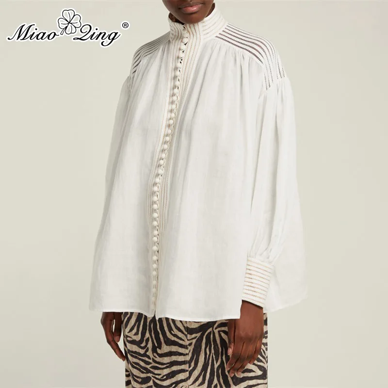 

MIAOQING Casual pure linen loose and versatile women's stand-up collar lantern sleeves large size shirt women'sfashionsummer2019