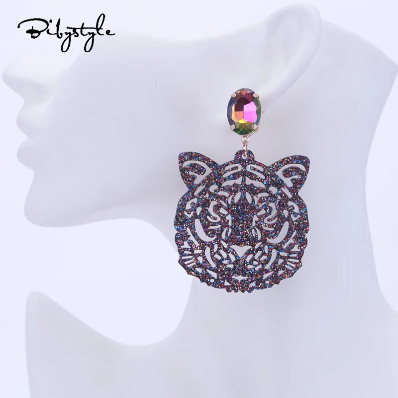 

BibyStyle Resin Tiger Head Dangle Big Crystal Stone Statement Earrings For Woman 2018 New Trendy Drop Earrings Bohemian 11.11