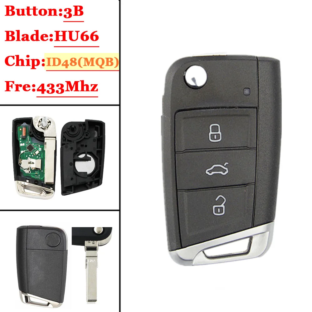 Mhz com Chip Id48 para V-w Carro Flip Chave Remota 434 Skoda Octavia a7 Mqb Golf Vii Golf7 Mk7 2020 Não Inteligente 1 Pçs g