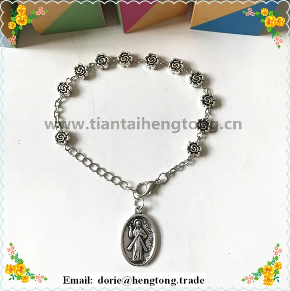 

6pcs/pack 5mm alloy flower bead catholic rosary bracelet bangle with divine mercy and faustina charm pendant