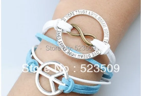 Free Shipping!6PCS/LOT!Silver Alloy Peace Sign Leather Suede Cuff Bracelet Charm Circle Infinity Women Costume Jewelry S-282 | Украшения и