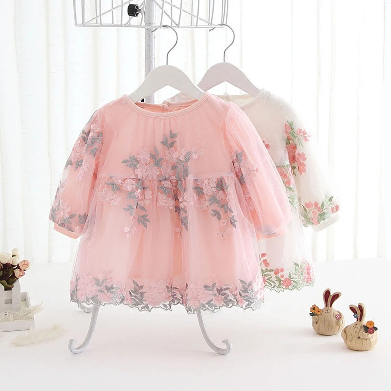 Brand 2018 New Baby Infant Spring Fall Flowers Embroidered Princess Dress Girls Kids Sweet Lace Party Birthday dresses Clothes