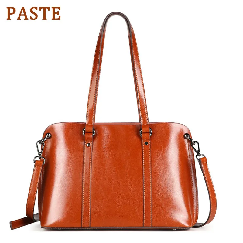 

PASTE 100% Genuine Leather Shoulder Bag Women Casual Tote Top-handle Handbag Designer Ladies Crossbody messenger Bag Purse Brown