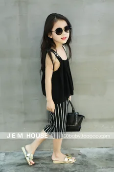 

2015 Hot New High Quality summer children's clothing girls striped suit small piece pants suspenders girls clothing set