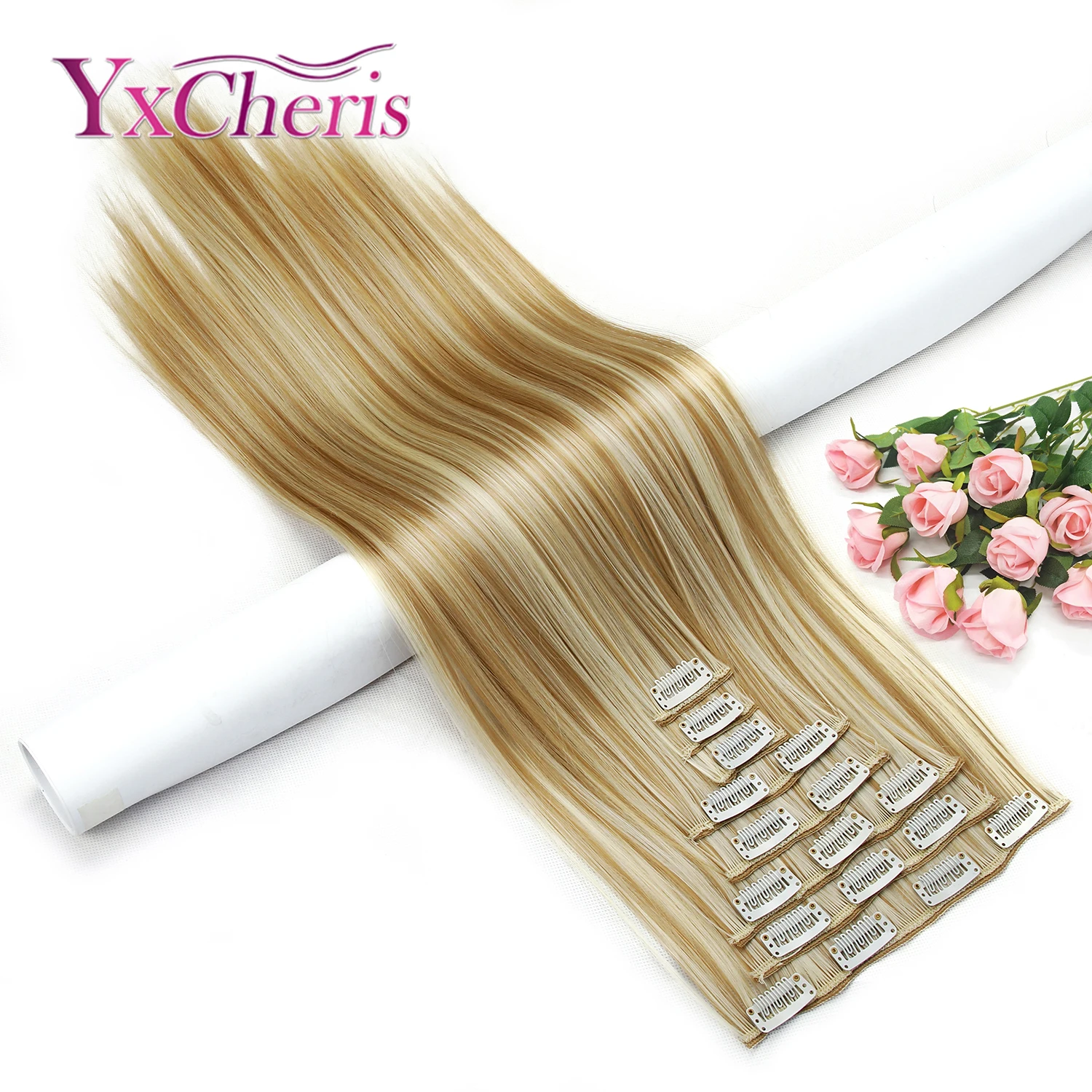 

clip in hair extension synthetic hair pieces Heat Resistant Fiber 24inch 8pcs/set false hair fake