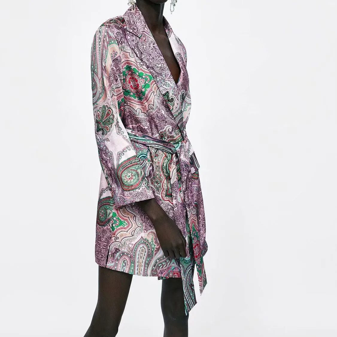 Woman Vintage Paisley Pattern Suits Casual Purple Paisley Print Blazer Elastic Waist Pants+Elegant Paisley Pattern Kimono Coat Blazer