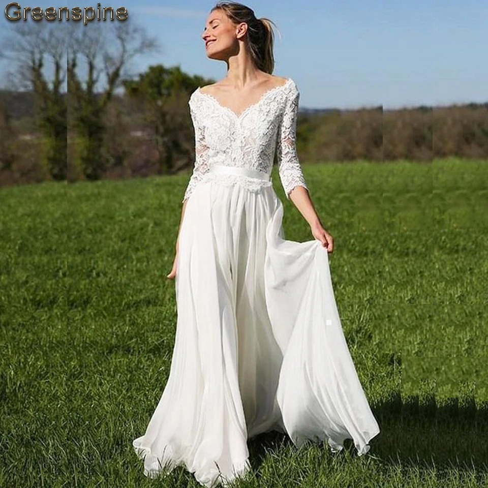 

Greenspine Bohemian Wedding Dress 2019 White/Ivory Beach Wedding Dresses 3/4 Sleeve Vintage Lace Appliques Robes de mariee Gowns