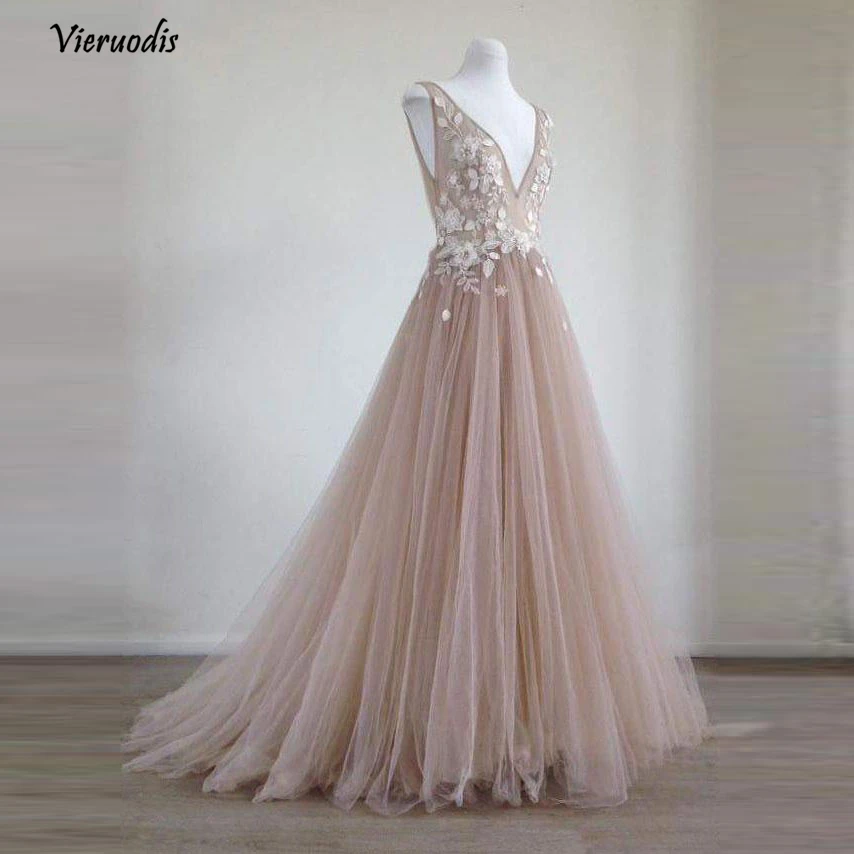 

Pretty 3D Flower Long Evening Dresses 2018 Lace Blush Pink Tulle Evening Gowns V-neck Formal Party Dresses Robe De Soiree 1