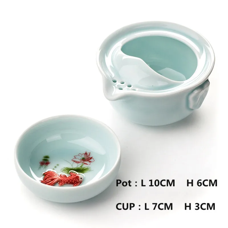 Высокое качество Элегантный gaiwan, Celadon 3D Карп чайный набор кунг-фу включает в себя 1 чайник 1 чайная чашка, красивый и легкий чайник