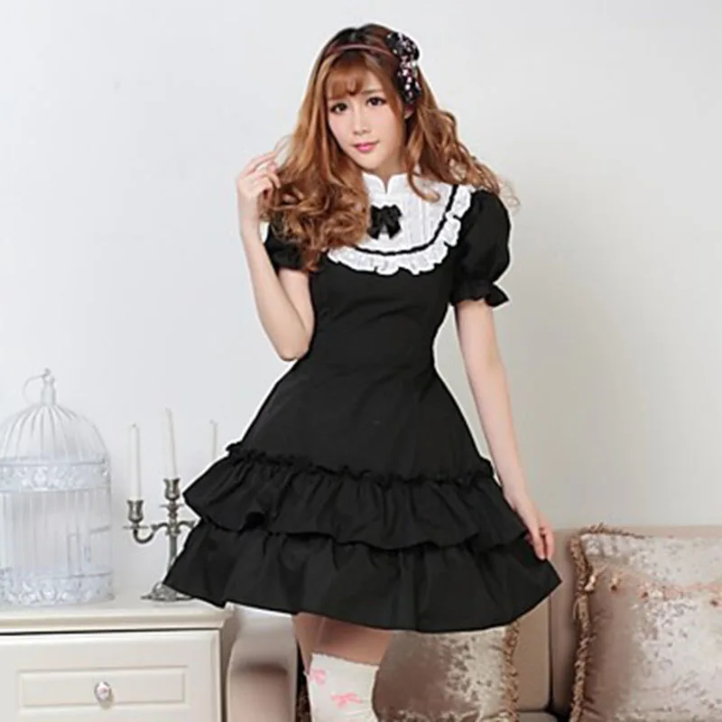 Wholesale 2018 Black Cotton Stand Collar Short Puff Sleeve Lolita ...