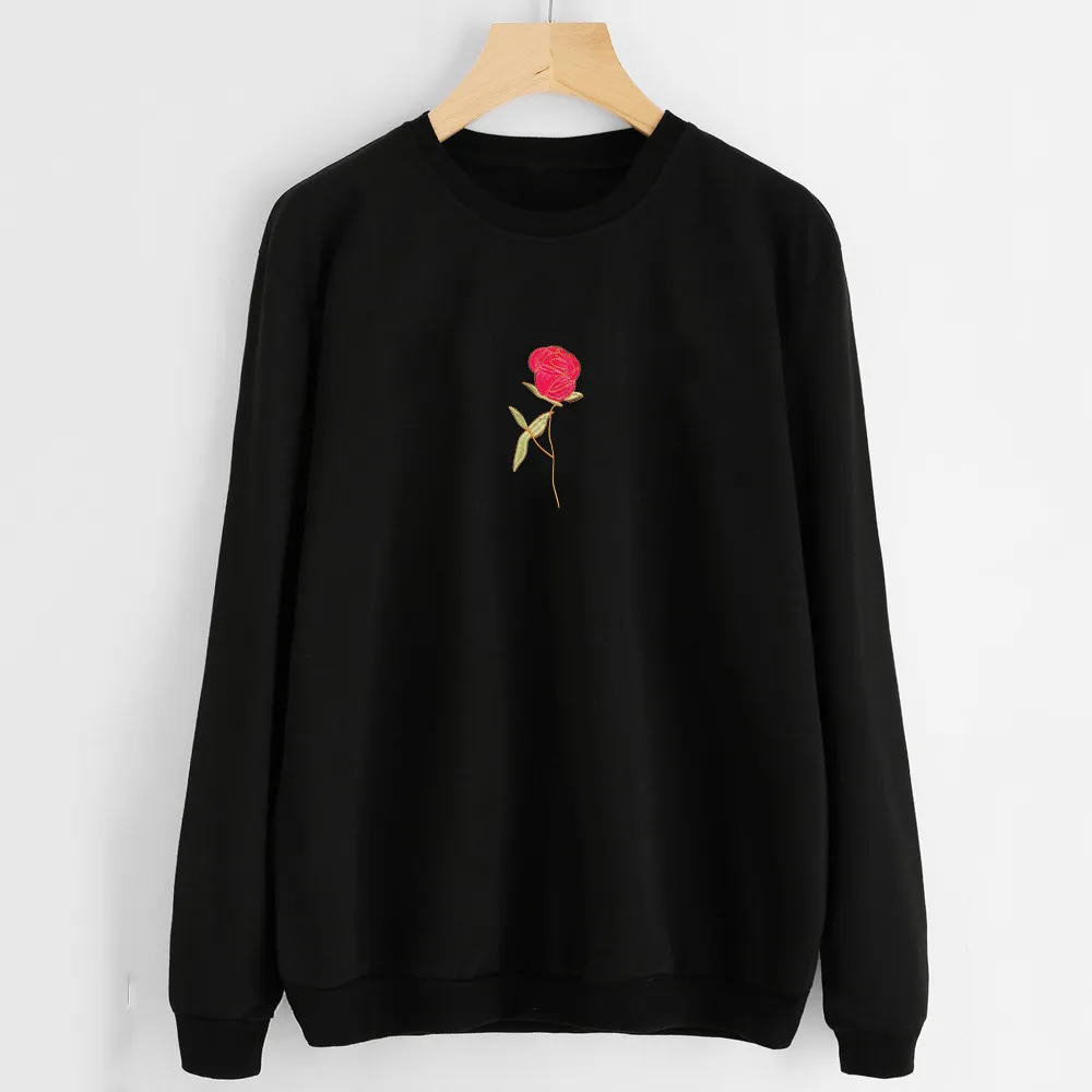 

NEW Women Embroidery Rose Hoodie Sweatshirt Spring Winter Ladies Crewneck Long Sleeve Casual Black Pullovers Tops Hoodie #YL5
